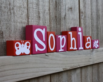 CUSTOM LETTER BLOCKS - Girl Nursery - Baby Shower - Name - Butterfly Leaf - Hot Pink Orange - Personalized - Custom - Sign