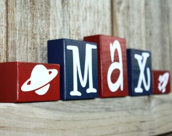 PERSONALIZED NAME BLOCKS - Planet - Saturn - Rocketship - Spaceship - Boy Room - Sign - Custom Name Letters - Outer Space