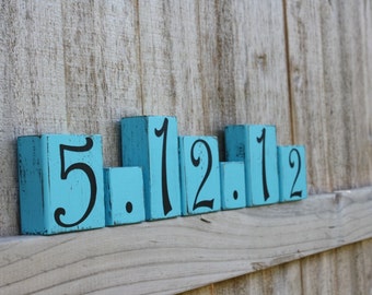 CUSTOM DATE BLOCKS - Letter Personalized - Wedding Anniversary Reception - Bridal Shower - Something Blue - Table Number