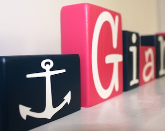 PERSONALIZED LETTER BLOCKS - Baby Shower Gift - Birthday Party Centerpiece - Nautical Anchor Name Nursery Decoration Sign