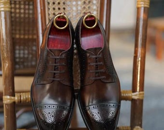 Handmade Chocolate Brown Leather Oxford Shoes: Wingtip Brogue