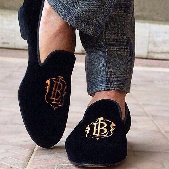 Men Handmade black Velvet Embroidered Moccasin Shoes: Men's Slip-On Dress Shoes
