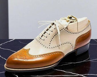 Handmade Cream & Tan Leather Oxford Shoes: Men's Wingtip Brogue