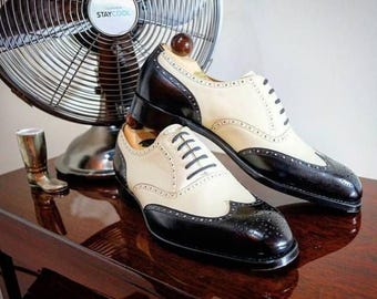 Handmade Cream & Black Leather Oxford Shoes: Wingtip Brogue