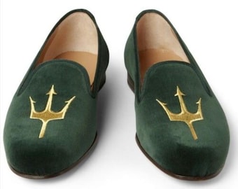 Men Handmade Green Velvet Embroidered Moccasin Shoes: Men's Slip-On Dress Shoes