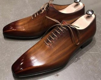 Handmade Brown Patina Leather Oxford Brogue Shoes