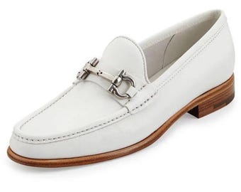Handmade White Leather Buckle Moccasins: Men's Formal Dress Shoes