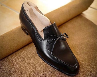 Handmade Black Leather Tassel Moccasins: Men's Dress Slip-On Shoes