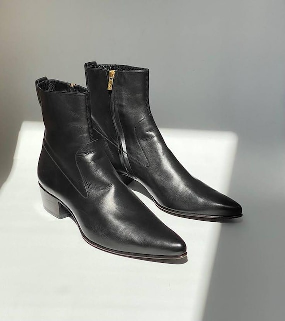 Handmade Black Leather Ankle Boot: Men's Cowboy Riding Boot