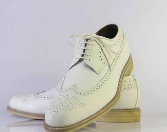 Handmade White Leather Oxford Shoes: Men's Brogue Crepe Sole