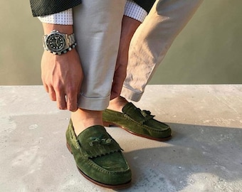 Men Handmade Green Suede Tassel Moccasin Shoes: Men's Slip-On Dress Shoes