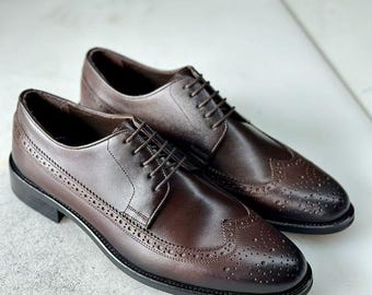 Handmade Dark Brown Leather Oxford Shoes: Wingtip Brogue Dress Shoe