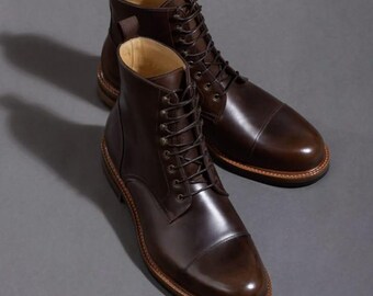 Men handmade Brown leather Ankle high boot,  Men dress formal military boots