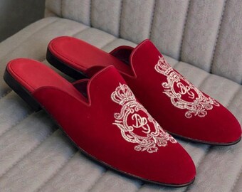 Men Handmade Reddish Maroon Velvet Antique Embroidered Slipper Moccasin Shoes: Men's Slip-On Dress Shoes