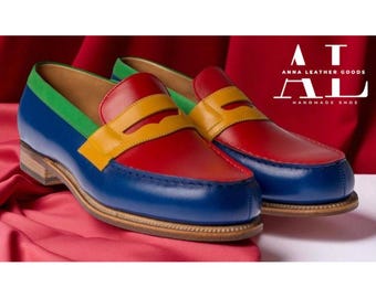 Handgefertigte dreifarbige Leder Penny Loafers: Formelle Herrenschuhe