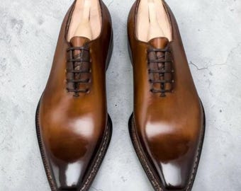 Handmade Brown patina Leather Oxford Shoes: Men one piece Dress Boots