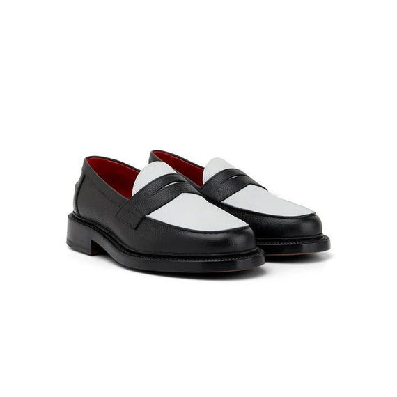 Handmade White & Black Leather Penny Loafers: Men's Dress Shoes