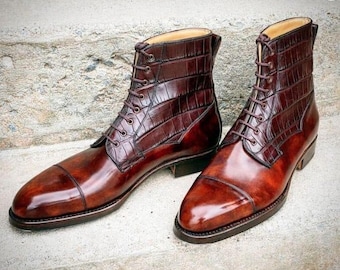 Men handmade Two Tone Brown leather Ankle high boot,  Men dress formal military boots