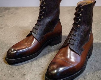 Men handmade Two Tone Brown leather Ankle high boot,  Men dress formal military boots
