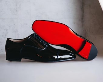Handmade Black Calf Leather Oxford Shoes: Men's Wingtip red bottom shoe