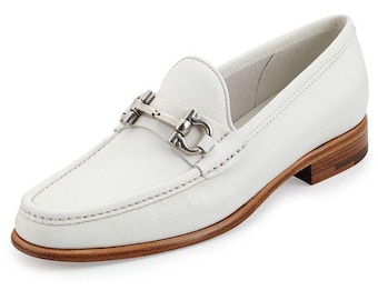 Handmade White Leather Buckle Moccasins: Men's Formal Dress Shoes