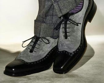 Handmade Black & Grey Suede Leather Oxford Shoes: Italian Brogue Wingtip