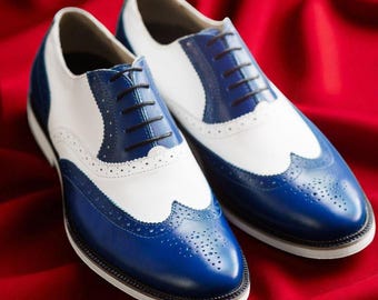 Handmade White & Blue Leather Oxford Shoes: Italian Brogue Wingtip