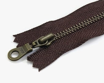 Cremallera YKK Japan, cuerpo de algodón marrón oscuro, extremo cerrado, tirador de metal de latón antiguo en forma de rosquilla, 4-12" (10-30 cm) #3