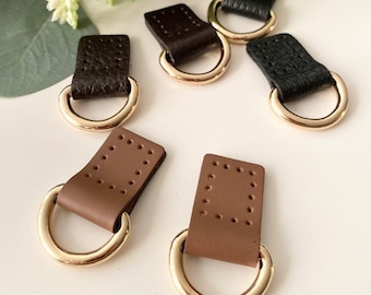 2 Genuine Leather Tabs Gold D Ring Strap Connector Made in Korea - 4055G