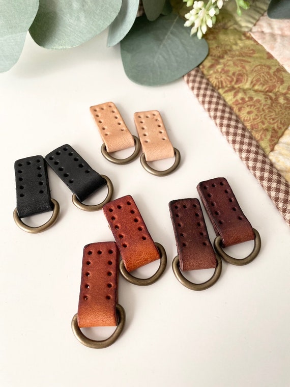 2 Genuine Leather Tabs Brass D-Ring Strap Connector Made in Korea - Vintage
