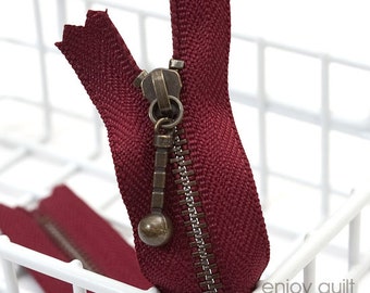 YKK Zipper Original Japanese Wine Color Cotton Body Closed End/ Antique brass metal zippers 6" 8" 10" 12" 14" 16" 18" 20" 22" (15-55cm)