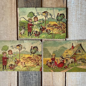 Antique Wooden Puzzle//Double Sided Hand Cut Victorian Farm Scene//Vintage Kids Toy //1900s