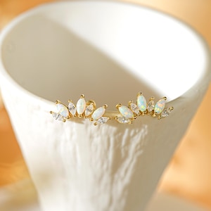 Peut inclure: Une paire de boucles d'oreilles grimpantes dorées avec des accents d'opale et de cristaux transparents. Les boucles d'oreilles ont un design délicat en forme de feuille avec de multiples pierres en forme d'opale et de petits cristaux transparents.