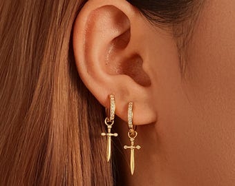 Diamond Sword Gold Huggie Hoops: Sterling Silver Dangle Earrings