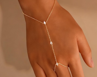 925 Sterling Silver Gold Plated Hand Chain | Linked Bracelet Dainty Jewelry | Sparkly Hypoallergenic Gift for Women