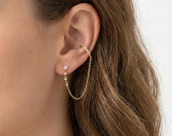 Sterling Silver Linked Chain Ear Cuff Stud Earring
