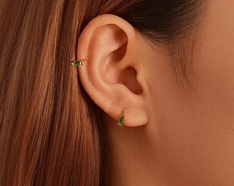 Emerald Green Baguette Huggie Hoops: 18K Gold Vermeil, Sterling Silver