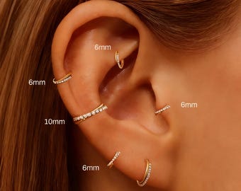 925 Sterling Silver Gold-Plated Multi-Size CZ Huggie Hoop & Bar Earrings Set (6mm/8mm/10mm) | Sparkly Dainty Jewelry Gift for Women