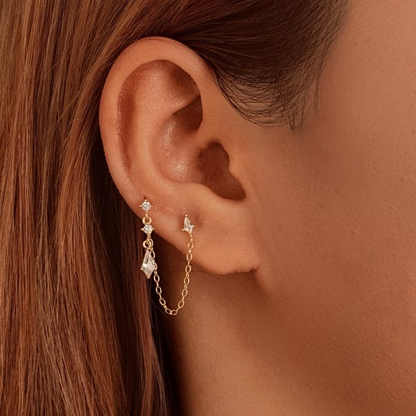 Gold Chain Stud Earrings: 925 Sterling Silver, Cubic Zirconia