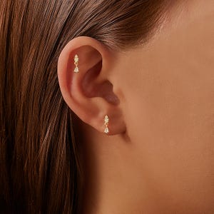 Può includere: Orecchini dorati con una gemma a forma di goccia pendente. Un orecchino è nella cartilagine superiore dell'orecchio, l'altro nel lobo. Gli orecchini hanno un design delicato con piccole pietre scintillanti.