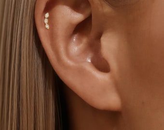 925 Sterling Silver Gold-Plated Marquise Cut Zircon Piercing Stud Earring | Dainty Cartilage Stud Jewelry