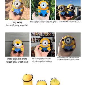 May include: A collage of six handmade crochet plush toys resembling yellow, blue, and black characters with single or double eyes, alongside three yellow cartoon characters viewed from behind. The text Tester appreciation is at the top.