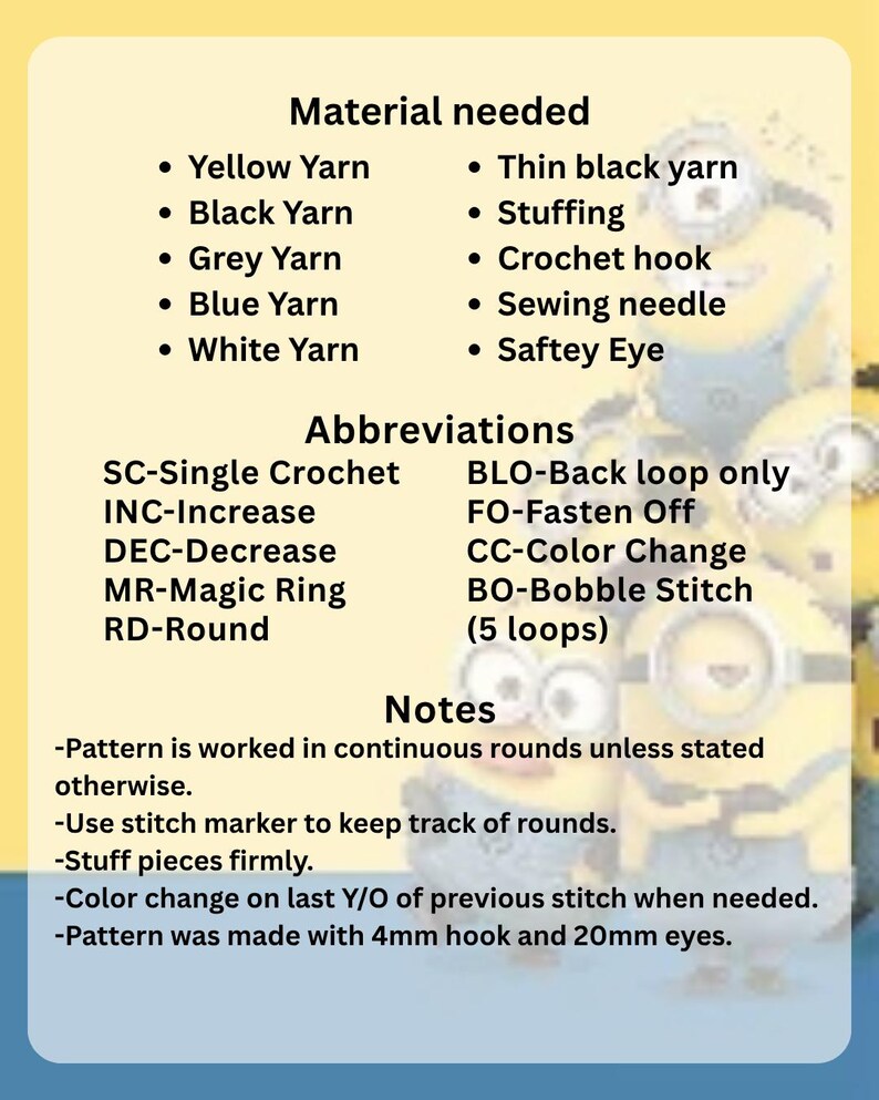 Puede incluir: Una gu&iacute;a de patrones de crochet con un fondo amarillo y azul. El texto enumera los materiales necesarios, incluyendo varios colores de hilo, relleno y un ganchillo. Tambi&eacute;n se proporcionan abreviaturas y notas para el proyecto.
