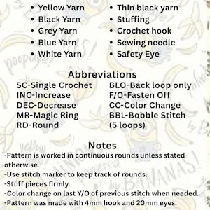 May include: A crochet pattern instruction sheet listing materials including yellow, black, grey, blue, and white yarn, stuffing, a 4mm hook, and 20mm eyes. It defines abbreviations like SC, INC, DEC, MR, RD, BLO, F/O, CC, and BBL, with notes on rounds.