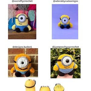 Puede incluir: Un collage de figuras de Minions de ganchillo en varias poses. Los Minions son amarillos con monos azules, zapatos negros y ojos grandes y redondos. El texto "TESTER APPRECIATION" est&aacute; en la parte superior, con nombres de usuario de redes sociales debajo.