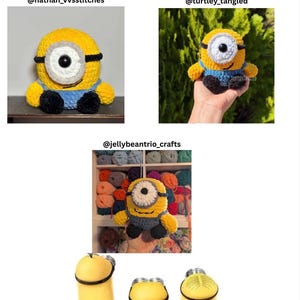 Puede incluir: La imagen muestra varias figuras de Minions de ganchillo en amarillo, azul, negro y gris. El texto "TESTER APPRECIATION" est&aacute; en la parte superior, con nombres de usuario de redes sociales debajo. Los Minions tienen uno o dos ojos y est&aacute;n en varias poses.