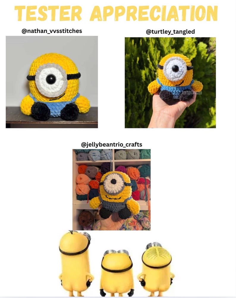 Puede incluir: La imagen muestra varias figuras de Minions de ganchillo en amarillo, azul, negro y gris. El texto "TESTER APPRECIATION" est&aacute; en la parte superior, con nombres de usuario de redes sociales debajo. Los Minions tienen uno o dos ojos y est&aacute;n en varias poses.