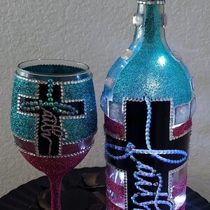 Faith Wine Bottle Light Set: Rhinestones, Blue Glitter & Black Vinyl, Rhinestone chains