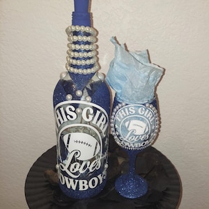 Cowboys glass wine bottle with light, Pearls, Permanent white vinyl, rhinestone chains