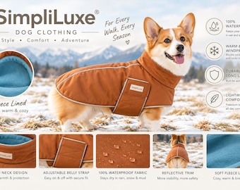 May include: A rust-colored dog coat with a high neck, adjustable belly strap, and reflective trim. The exterior is waterproof, and the interior features a soft blue fleece lining. The product is branded with the SimpliLuxe logo on a small tag.